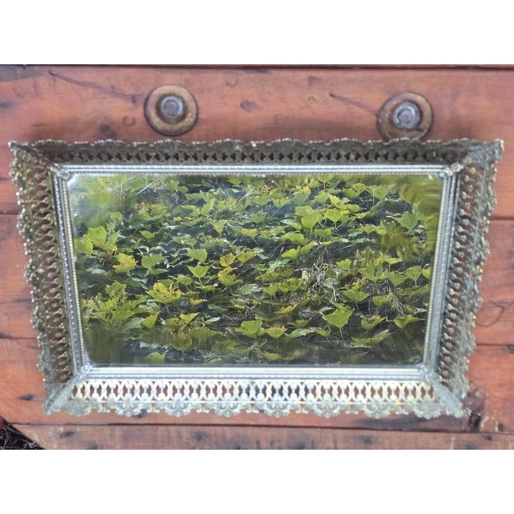 Mirrorred Vanity Tray Hollywood Regency Ornate Gold Tone Filigree 16.5